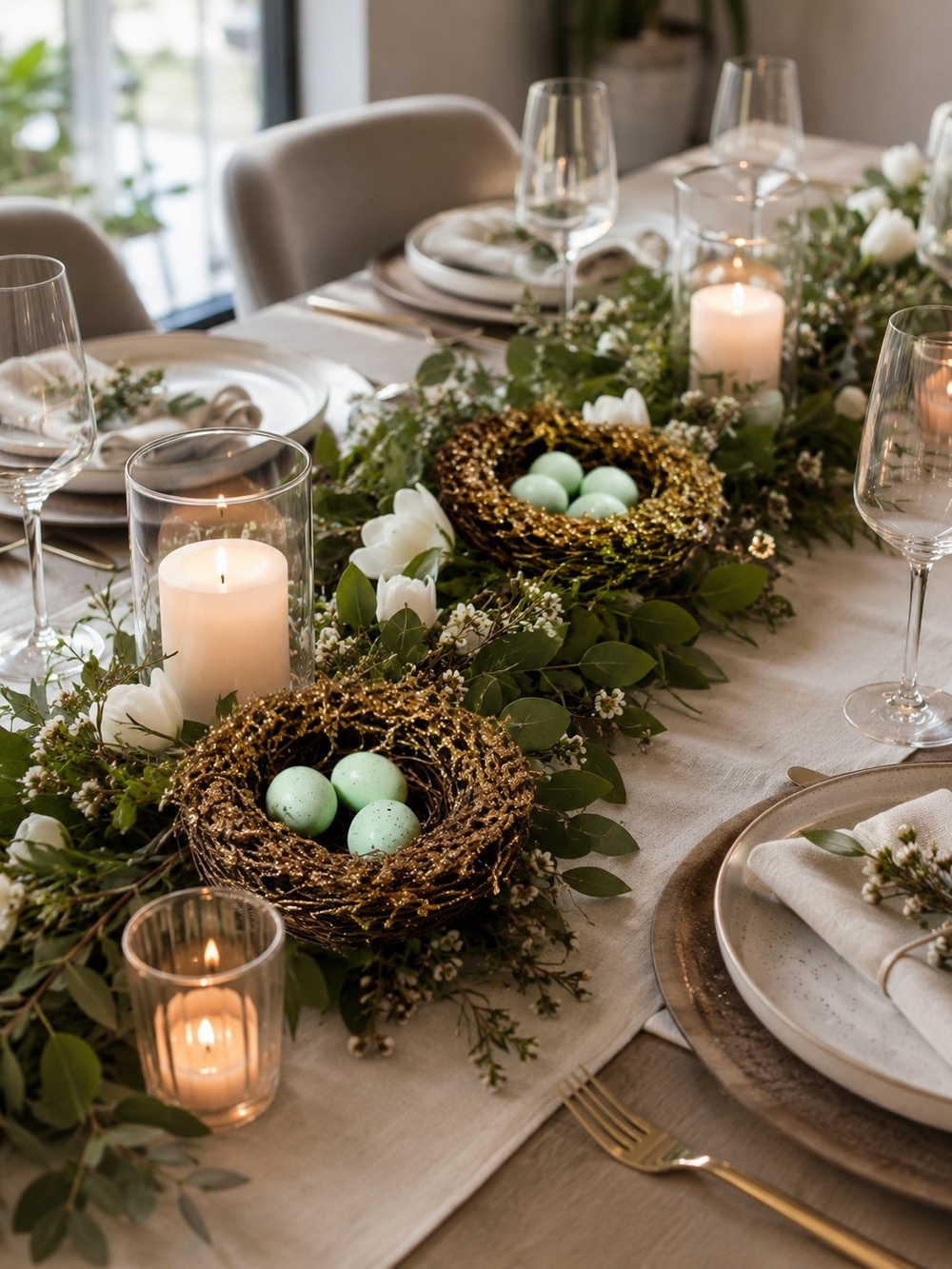 Holiday Table Centerpiece Gold Nests Robin Eggs
